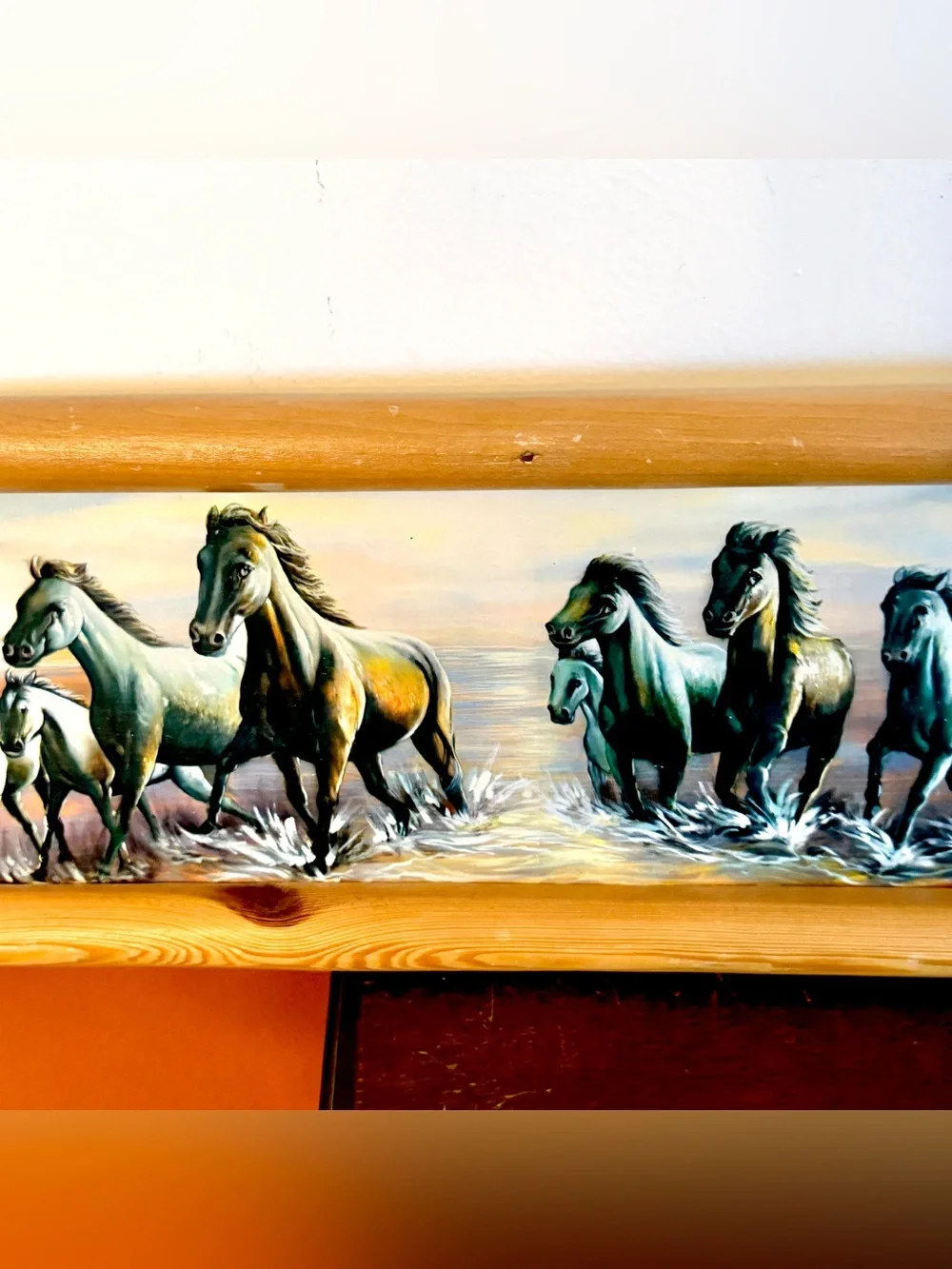 Vintage Running Horses Rustic Wood Frame Wall Art 8x24” Western Cabin Decor